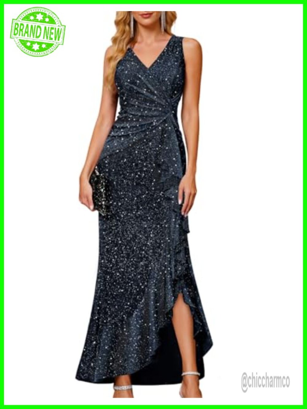 Sequin Formal Long Ruffle Dress Party Wedding Cocktail Gown
